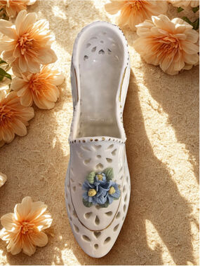 Vtg White Porcelain Ladies Shoe Figurine Blue Yellow Flowers Reticulated Hearts